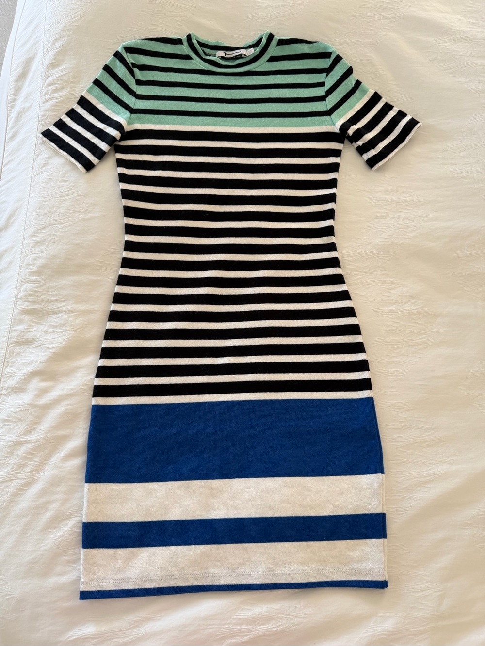 Alexander Wang Striped Knit Midi Dress in Mint, Black, White & Blue